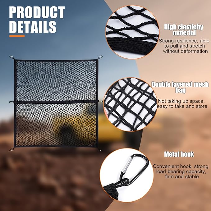 Zpana Truck Bed Cargo Net for Pickup, Highly Elastic 4'x4' Stretch to 7'x7' Stretchable Trunk Organizer Mesh with 6 PCS Carabiners, Auto Storage Accessories, Universal for Vehicles(Double Layer)