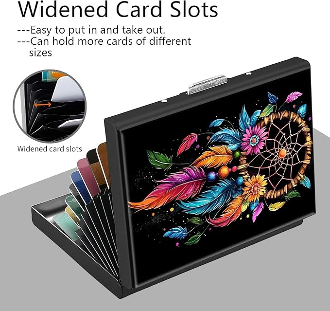 Credit Card Holder, Dream Catcher Design Mini RFID Blocking Aluminum Wallet Slim Metal Hard Case Shell Travel Wallet ID Case Small Credit Cards Case Business Cards for Women Men Girls