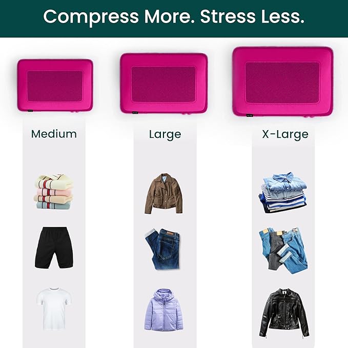 NOBL Travel Compressible Packing Cubes Set, 6 Pieces Travel Packing Organizers, Compression Luggage Cubes for Suitcases & Carry On, Space Saving (XXS, XS, S, M, L, XL) - Hot Pink