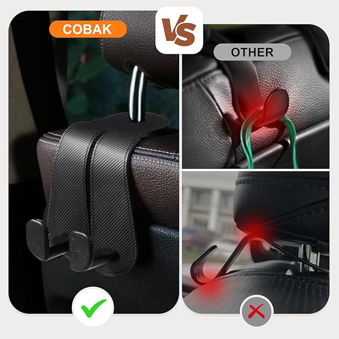 CoBak Extra Wide Car Seat Back Hooks, Premium Stitched Leather Headrest Hangers with Wide Slot Structure, Universal for Any-Width Purses, Handbags, Bags (2 Pack), Carbon Fiber Black