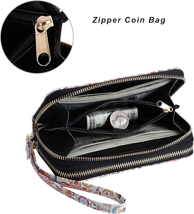 Cellphone Wallet for Women Dual Zipper Long Purse with Removable Wristlet