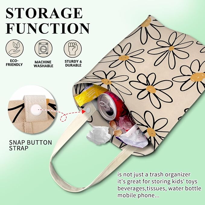 Car Trash Can, Cute Car Trash Bag, Hanging Car Organizer and Storage Bag, Trash Bin for Car Accessories, Vehicle, Travelling, Camping Cute Beige Daisy