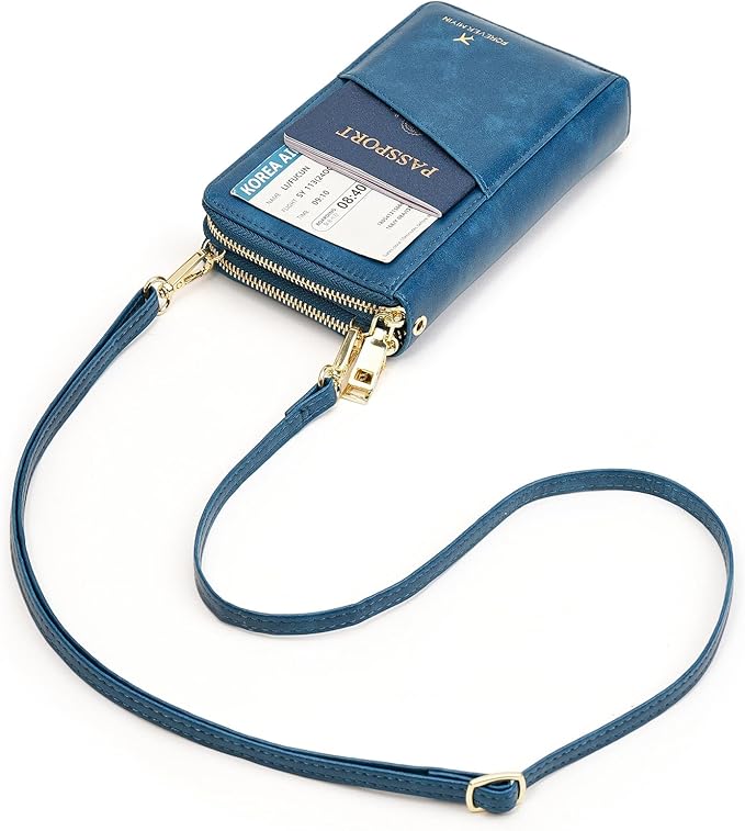 GOIACII Passport Wallet Travel Crossbody Bags for Women Wristlet Phone Purse Double Zip Vegan Leather Blue