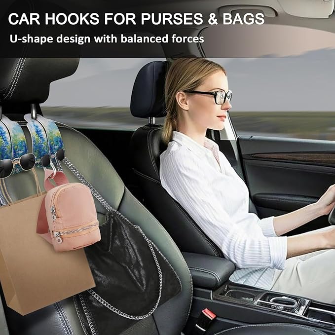 Blusabaca 2PCS Car Seat Back Storage Headrest Hooks, Floral Blue Purse Holder Bags Hanger, PU Leather Double Metal Hook for Backseat Organizer, Women Car Accessories Organization