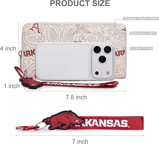Arkansas Razorbacks Organizer Wallet with RFID Blocking & Keychain, Arkansas Team Logo Clutch Purse, Zip Wallet for Game Day, Concert, Graduation Gift | Beige, NC-AFU011BG