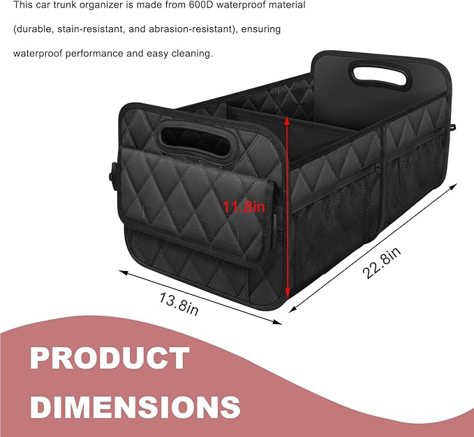 Sun Walker Car Trunk Organizer, Collapsible Auto Storage Box Cargo Organizer with Reinforced Handle, Multi-Pocket Waterproof Oxford Container for Sedan Truck SUV, Car Accessories