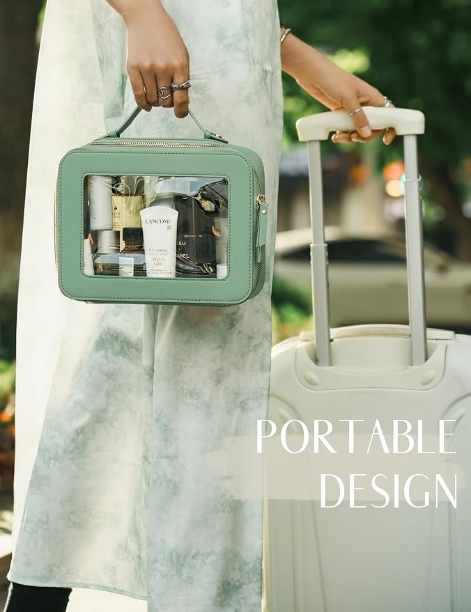 Popvibe Clear Makeup Bag Travel Cosmetic Case Transparent Toiletry Bag with Zipper, Portable Make Up Organizer Traveling Compact Car Bag for Essentials, Sage Green, Large