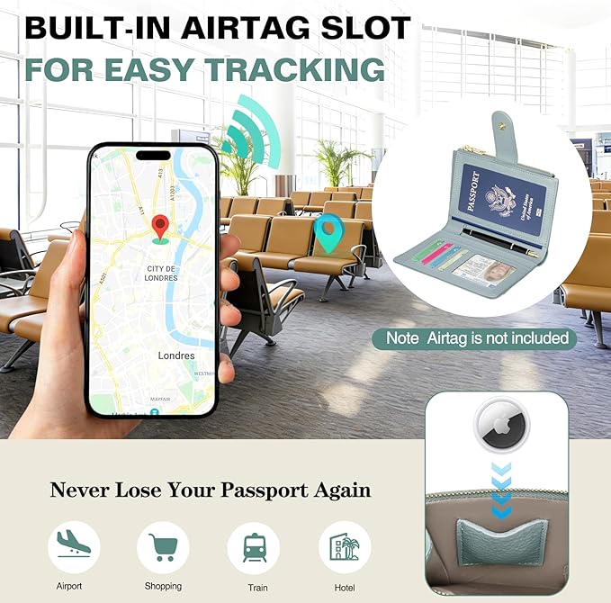 Passport Holder for Travel, Leather Passport Wallet with Airtag Slot, RFID Blocking Travel Wallet for Women Men, Passport Cover with Air Ticket Card Cash Coin Pocket, Travel Essentials Gift