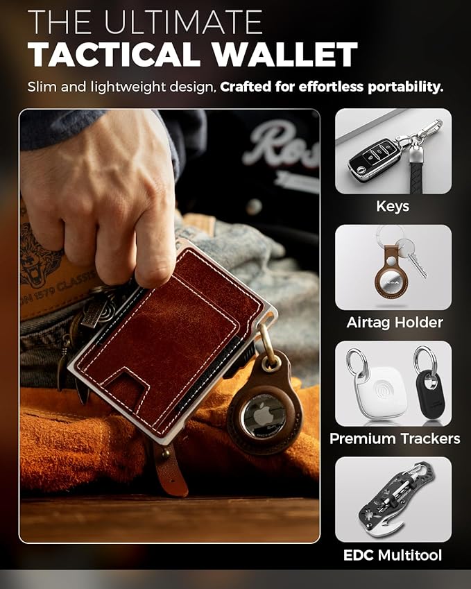 LORZOR Slim Tactical Wallet for Men- Minimalist Full Grain Leather Wallet for 10 Cards, RFID Blocking Aluminum Cardholder, Smart Pop Up Card Case, Front Pocket, Money Clip, Gift for Women Men