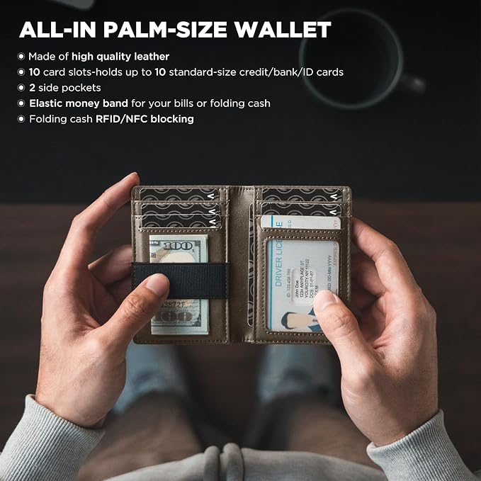 VULKIT Credit Card Holder RFID Blocking Slim Leather Front Pocket Mens Wallet Bank Card Holder Quick Access with 10 Slot and Money Band for Bills or Receipt, Palm-Size Wallet, Dark-olive-green, no