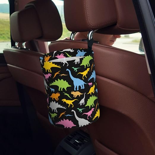 Car Garbage Bag Colorful Dinosaurs Mini Car Trash Bin Portable Collapsible Waterproof Rubbish Bag for Car Accessories Back Front Seat Cup Holder