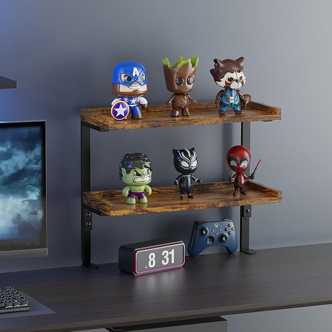 Clamp On Desk Shelf 2-Tier, 16.5 in Wood Shelving Unit for Office Desk/Gaming Accessories, Tabletop Book Storage Rack, Shelf for Top of Desk, Brown