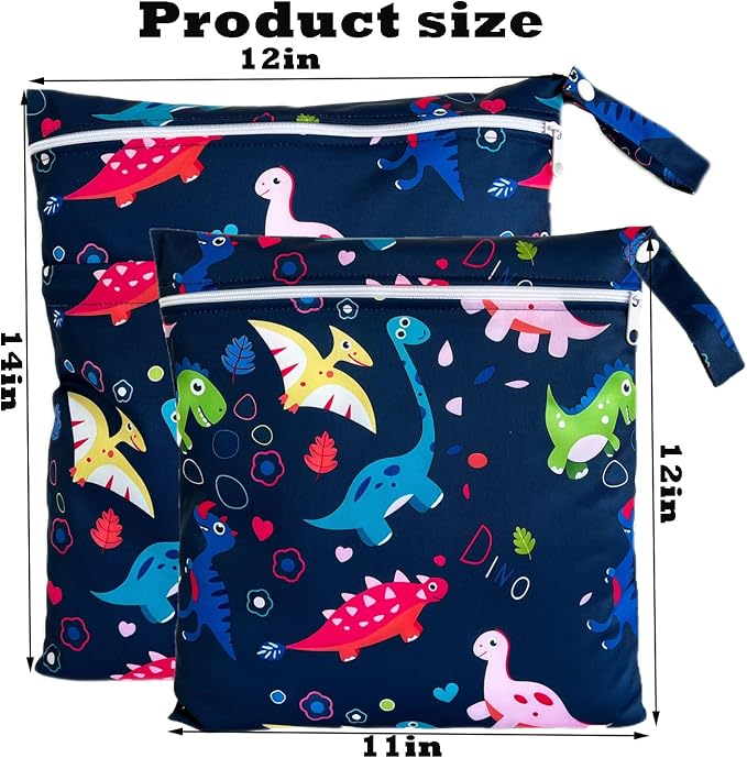 Wet Dry Bag for Cloth Diapers, 2PCS Waterproof Reusable Wet Bag with Zippered Pockets, Washable, Reusable for Travel, Beach, Pool, Stroller, Diapers, Dirty Gym Clothes, Swimsuits, 14x12In & 12x11In