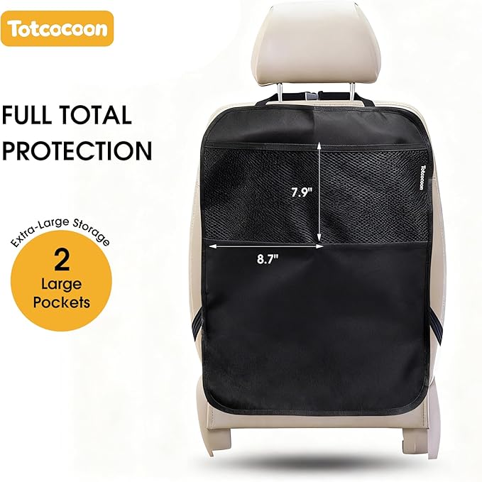 Car Back Seat Protector, 2-Pack Black Waterproof Kick Mats with Custom Storage Pockets, Universal Fit 600D Oxford Fabric Backseat Covers, X-Large Size with Zipper Storage Bag