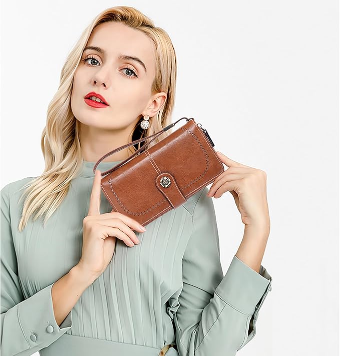 RNIEGA Womens Wallet Leather Billfold RFID Blocking Credit Card Holder Wristlet Wallets for Women Ladies Purses with Zipper Coin Pocket