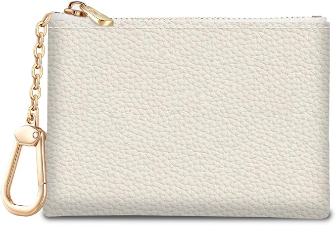 Beige White Keychain Coin Purse for Women, Small PU Leather Change Pouch, Zipper Little Tiny Travel Wallet for Girls, Cute Kawaii Zip Pocket Coin Holder with Key Ring
