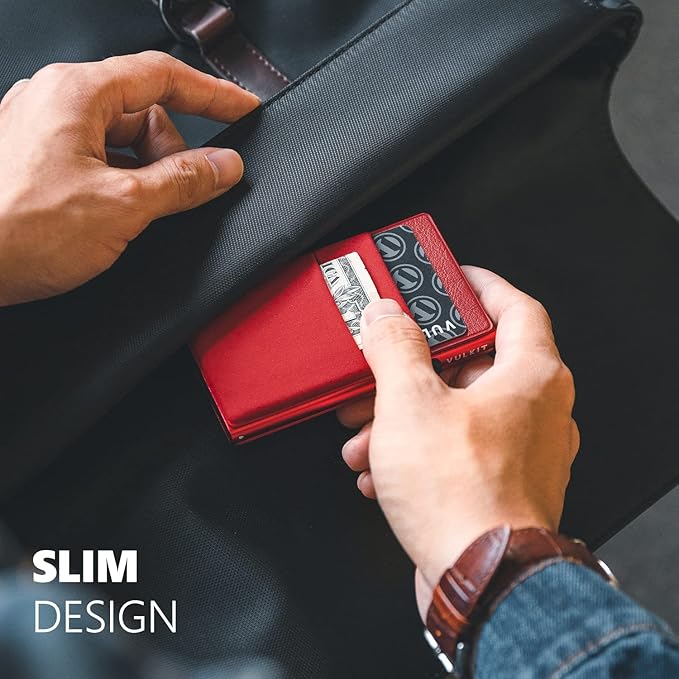VULKIT Minimalist Wallet with ID Window & EDC Pocket Pop Up Card Holder RFID Blocking Slim Wallet Design for Airtag Cash Coins & Credit Cards