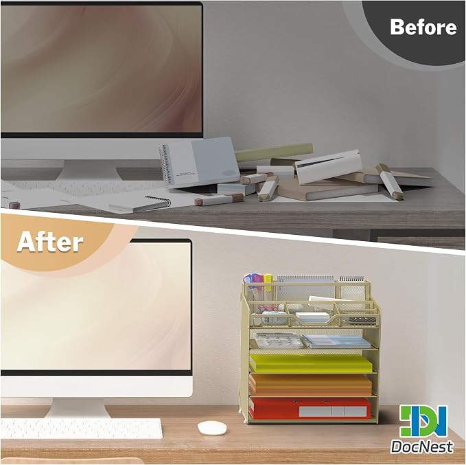 Docnest 5 Tier Mesh Desk Organizer for Paper Office Supplies – Multi-Functional Letter Tray with 5 Adjustable Compartments, 3 Pen Holders, Desktop Storage for Files, Mail, Stationery – Gold