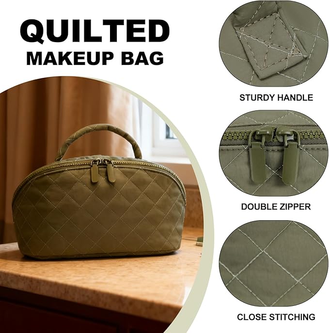 Makeup Bag,Quilted Puffer Cosmetic Bag for Women, 180° Lay-Flat Travel Make up Bag, Waterproof Large Capacity Toiletry Bag with Sturdy Zippers, Portable Makeup Organizer for Travel & Daily Use