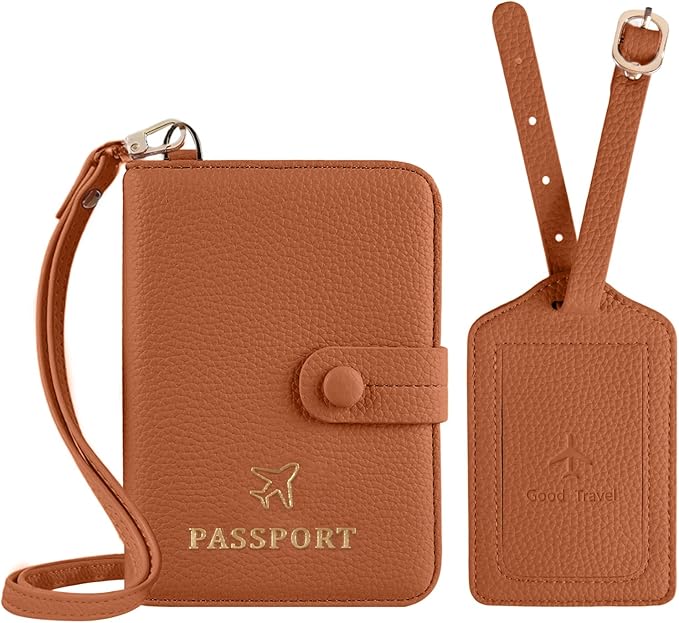 Boutilon Leather Passport Holder Covers Case with Neck Lanyard and Luggage Tag Waterproof RFID Blocking Travel Wallet Solid Color Passport Organization for Women and Men (Caramel Brown)