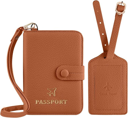 Passport Holder RFID Protected Wallet and Luggage Tag with Protection Cover Travel Accessories Leather Card Case Organizer for Women Men (Brown)