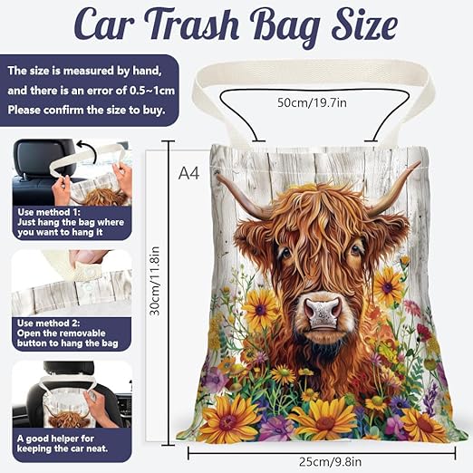 Highland Cattle Car Trash Bag Flowers Waterproof Hanging Garbage Bag with Snap Buttons Car Back Seat Trash Storage Portable Dustbin Vehicle Rubbish Bags for Kitchen Home Travel Camping