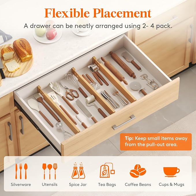 Lifewit 2.4" High 8 Pack Bamboo Drawer Dividers 45-55cm/17.5-22" Adjustable Wooden Drawer Organizer for Clothes/Utensils, Expandable Drawer Separator for Dresser/Kitchen/Bedroom/Office Organization