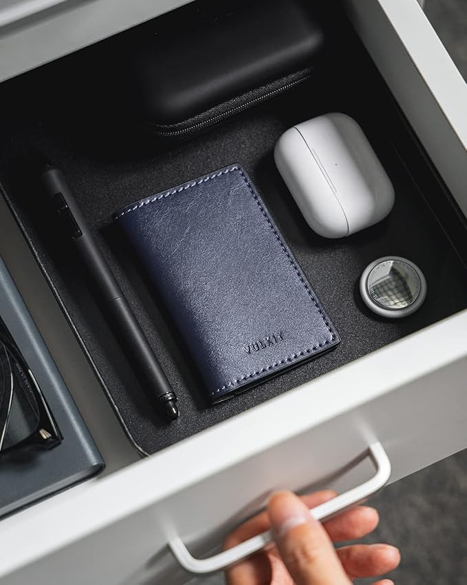 VULKIT Leather Business Card Holder 2 Sided Slim Business Name Card Organizer for Men or Women, Up to hold 20 cards (Vintage Navy)