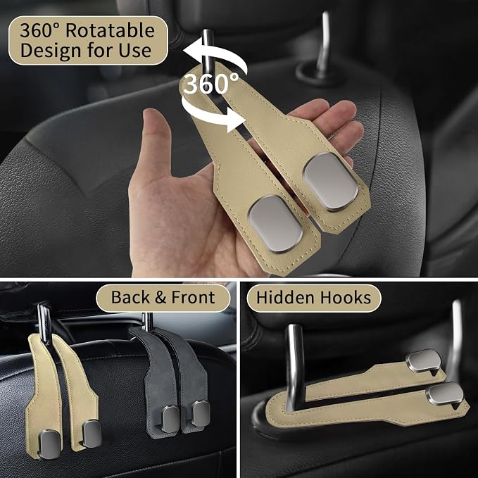 Car Seat Headrest Hooks for Purses and Bags, 4 Pack Bag Purse Holder for Car with Double Metal Hooks, Car Purse Hanger, Headrest Back Seat Handbags Hook Cute Hanging Accessories, Beige