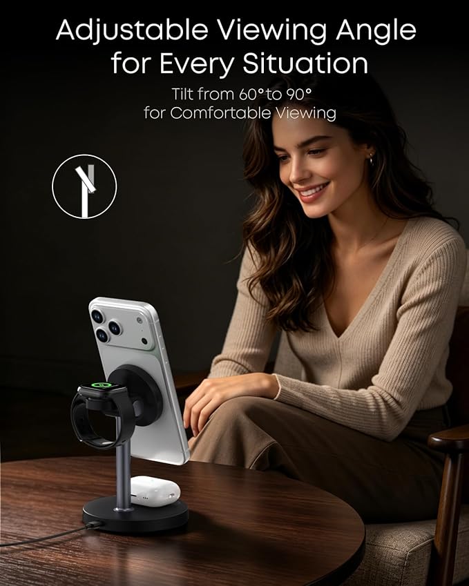 3 in 1 Magnetic Wireless Charging Station, 15W Fast Charger Stand for iPhone, Phone Charger Stand for Desk Nightstand, for iPhone 17/16/15/14/13/12, Apple Watch & AirPods, 18W Adapter Included -Black