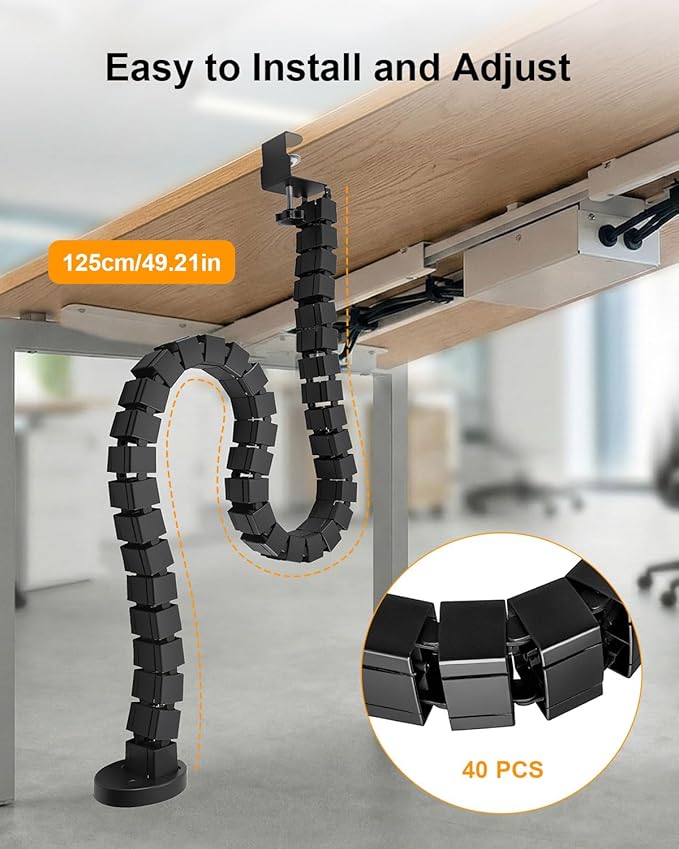 No Drill Clamp-On Under Desk Cable Management Kit, Adjustable Vertebrae Cord Organizer, Flexible Under Desk Wire Management for Standing Desk, Black