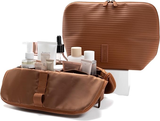 THE VERTI-Vertical Waterproof Makeup & Toiletry Bag | 23-Pocket Organizer with Upright, Fold-Down Design for Skincare, Toiletries & Essentials (Mahogany, Medium)