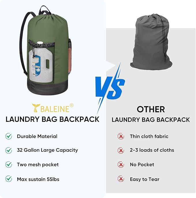 BALEINE 2PK 120L Laundry Bag Backpack, 900D Oxford Fabric Large Travel Laundry Bags with Shoulder Straps and 2 Mesh Pockets for College Dorm, Apartment, Laundromat (Green, 120L)