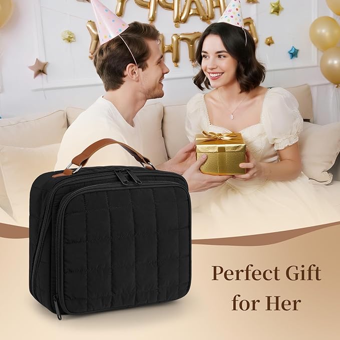 MOKURA Quilted Makeup Bag, Travel Large Capacity Cosmetic Bag with Jewelry Organizer, Standing Portable Make up Pouch, Waterproof Toiletry Case, Gifts for Women, Black