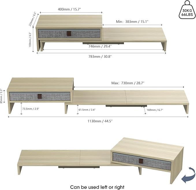 Fenge Computer Monitor Riser Stand with Drawer for 2 or 3 Monitors ,Adjustable Length and Angle Desktop Laptop Stand,Office Organizer,Printer,Oak