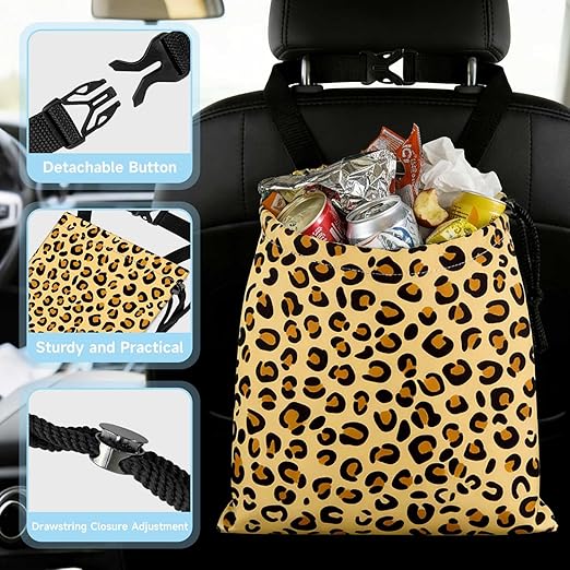 Yellow Leopard Pattern Car Trash Bag - Waterproof Car Trash Bag Hanging Leakproof Car Garbage Bag - Washable Reusable Trash Bag For Car Interior Hanging Organizer Storage Vehicle Travelling Camping