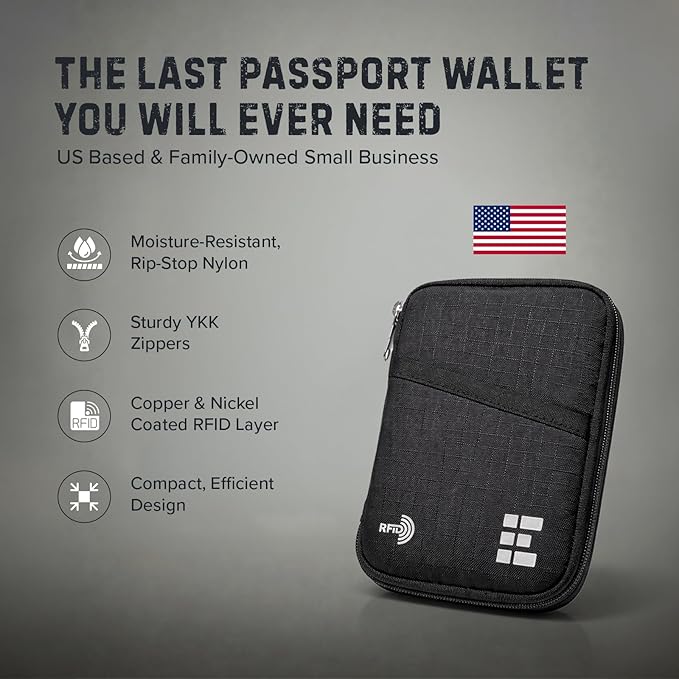 Zero Grid RFID Passport Holder & Travel Wallet, Zippered Wallet for Men & Women, Fits Passport, Cards, Cash, Tickets, ID, Sim Card; Premium & Compact Travel Document Holder - Midnight Black