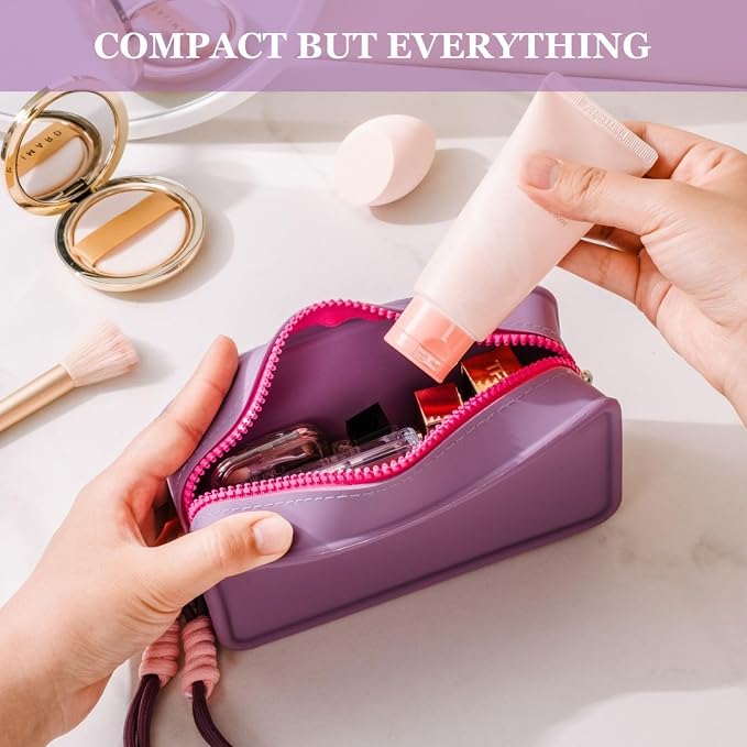 Travistar Silicone Travel Makeup Bag - Small Make Up Pouch Portable Cosmetic Bag Travel Makeup Organizer Bag Waterproof Toiletry Bag Womens Brush Holder Bag with Zipper Closure Small Size Purple