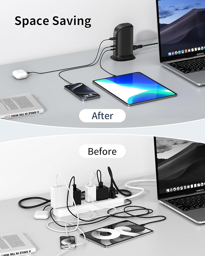 Charging Station for Multiple Devices: 5 USB Ports Wall Charger Block with Extension Cord, PD 20W Fast Charging Hub Charger Tower for iPhone iPad Tablets Smartphones, Home Office Use (Black)