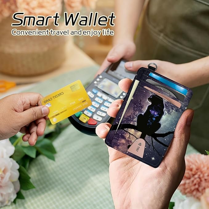 Small Travel Wallets, Cat Nebula Slim Minimalist Front Pocket Wallet with Wristlet, RFID Blocking PU Leather Credit Card Holder with ID Window Change Purse for Men Women