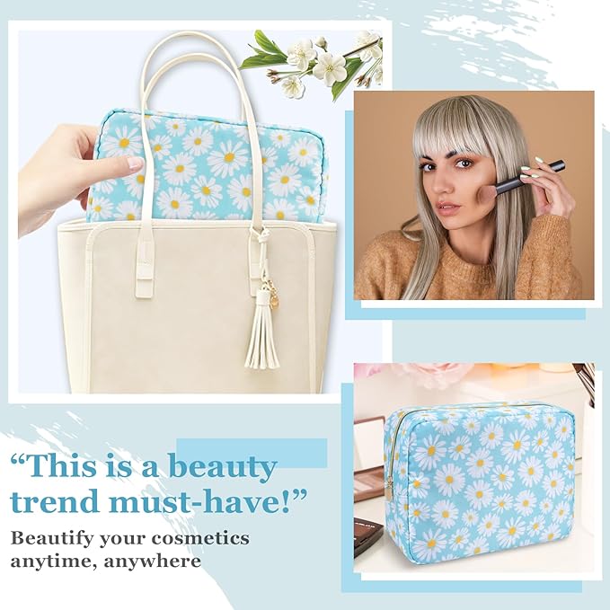 Nylon Large Floral Makeup Organizer Bag, Preppy Big Cute Flower Cosmetic Zipper Pouch Multi-compartment with Dividers, Waterproof Toiletry Make Up Brushes Bag Travel Essentials for Women(Blue-Daisy)