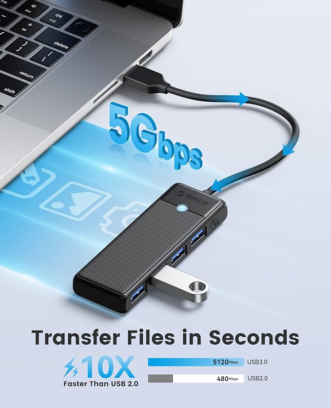 ORICO USB 3.0 Hub, 4-Port USB Hub with 0.5Ft Cable, Ultra Slim USB-Splitter for Laptop MacBook Pro, iMac, Surface Pro, XPS, PS5，PC, Flash Drive, Mobile HDD