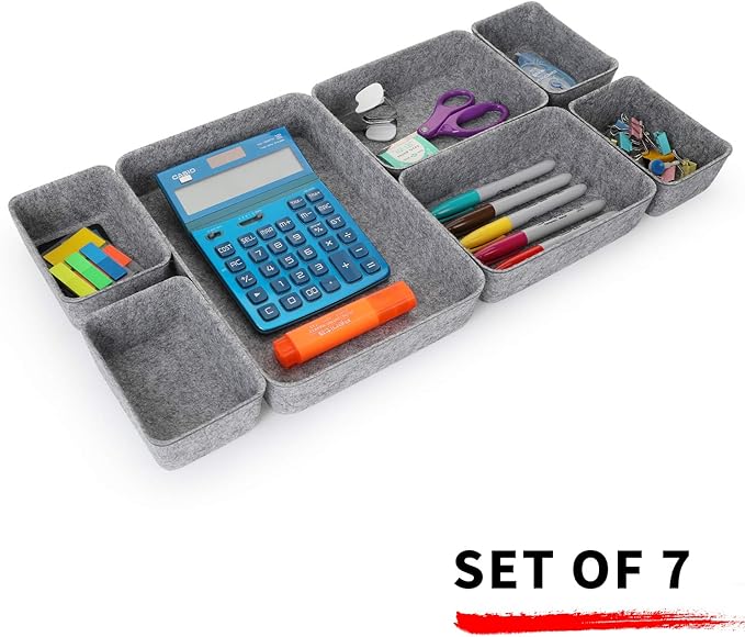 Welaxy Office drawer organizers trays felt storage bin organize dividers Box Dorm Home for stationery craft junk sorting 7-piece sleek minimalist lifestyle (gray)