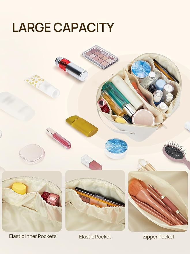 Telena Leather Make Up Bag Portable Travel Makeup Bag Waterproof Cosmetic Bags for Women Large Capacity With Handle and Divider Open Lay Flat