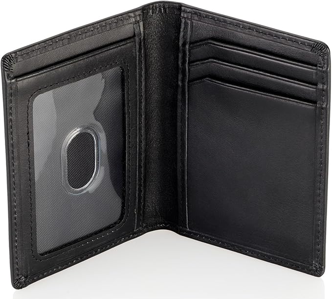 Stealth Mode Men's Slim Front Pocket Wallet - RFID Blocking, Thin Minimalist Design, Genuine Leather - ID Badge Window and 5 Sleeves for Money, Credit Cards, Driver License (Black/White)