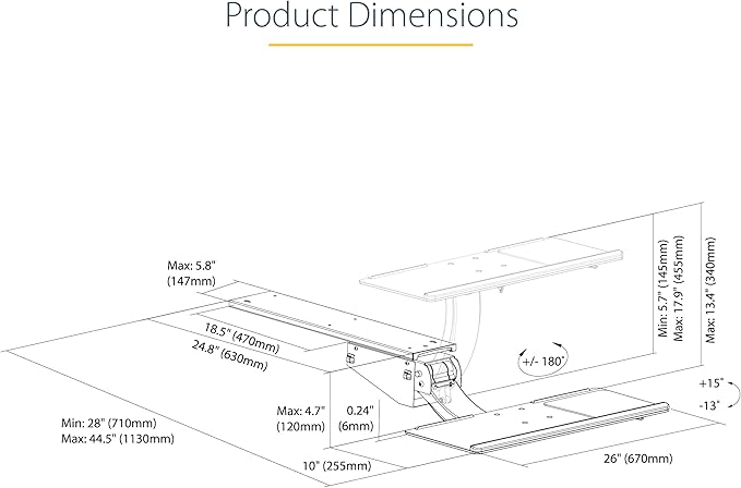 StarTech.com Under Desk Keyboard Tray - Full Motion & Height Adjustable Keyboard and Mouse Tray, 10"x26" Platform - Ergonomic Desk Mount Computer Keyboard Tray with Mouse Pad & Wrist Rest (KBTRAYADJ2)