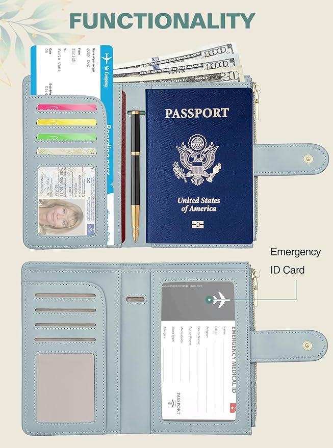 Passport Holder for Travel, Leather Passport Wallet with Airtag Slot, RFID Blocking Travel Wallet for Women Men, Passport Cover with Air Ticket Card Cash Coin Pocket, Travel Essentials Gift