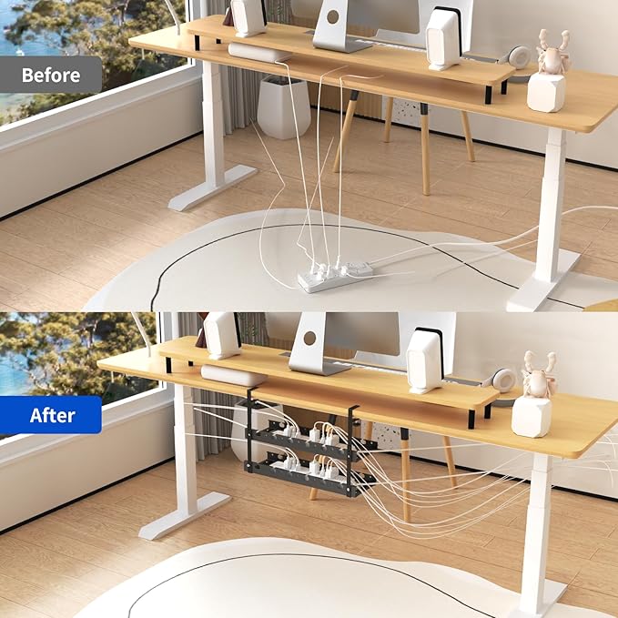 Under Desk Cable Management Raceway Clamp 2 Hole 31Inch No Dril Cord Organizer for Standing Desk Sturdy Metal Office Desk Wire Management - No Damage to Table