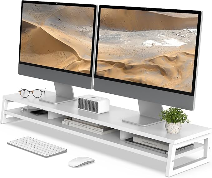 Fenge Dual Monitor Stand, 42.5in Dual Monitor Riser, 2 Tier Computer Office Desk Top Shelf, Storage Desk Stand for Laptop, PC, Printer
