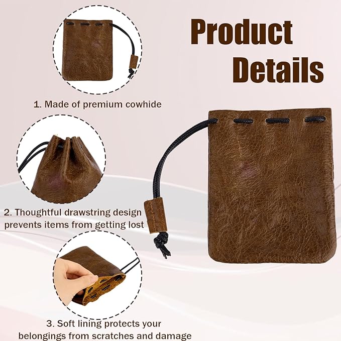 Leather Drawstring Pouch, Cowhide Vintage Leather Storage Bags Pouch Medieval Coin Purse Organizer for Earphone (Brown)